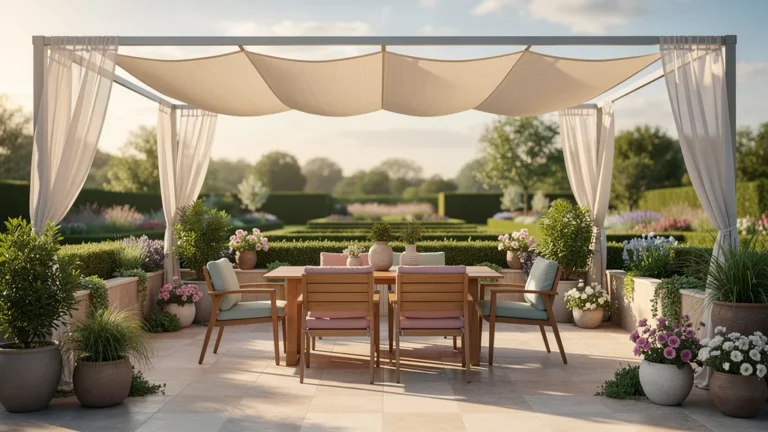 Terrasse élégante avec décorasol, mobilier en bois et plantes sous un auvent solaire moderne en lumière naturelle