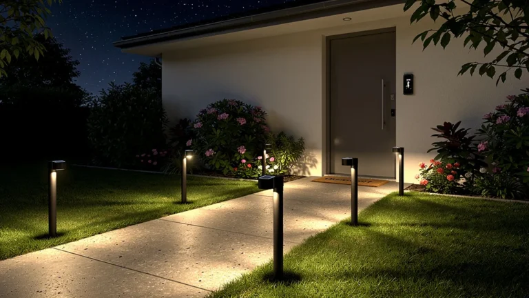 Éclairage solaire sur poteaux illuminant une entrée moderne sans besoin de chercher la serrure