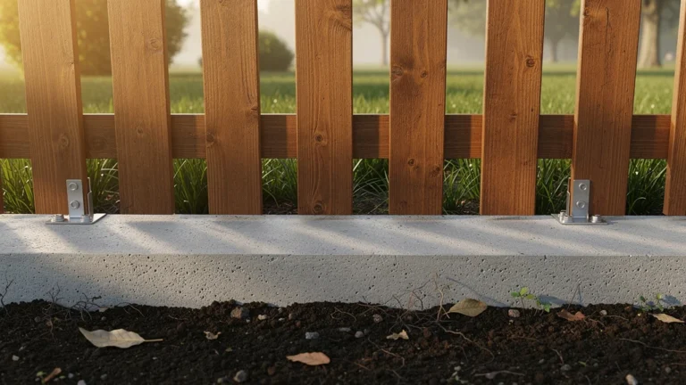 Plaque de soubassement béton sous clôture en bois pour éviter les problèmes, vue jardin réaliste