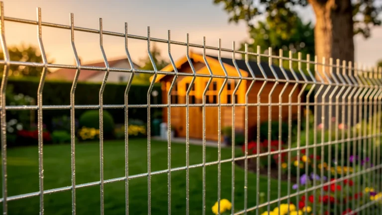 Clôture en grillage galvanisé brillante dans un jardin soigné au coucher du soleil, ultra-réaliste