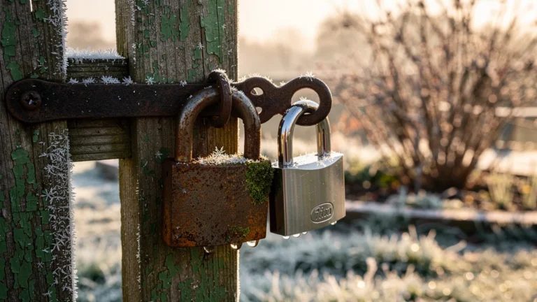 Deux cadenas sur portail de jardin après l'hiver, test de résistance aux intempéries, photographie réaliste