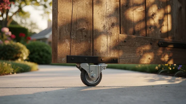 Roue fixée sous un portail battant en bois pour un alignement parfait et une fermeture droite