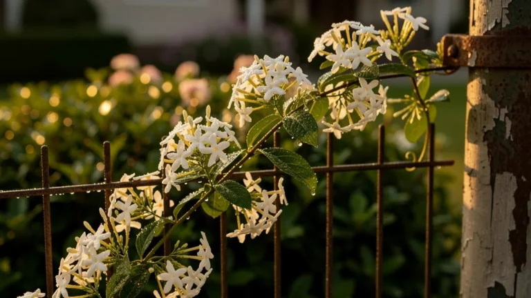 Jasmin étoilé en fleurs grimpant sur un grillage métallique rouillé au soleil couchant