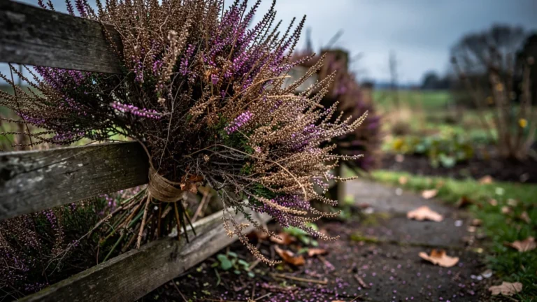 Clôture en bois recouverte de brande de bruyère fragile en automne, illustrant sa faible durabilité hivernale