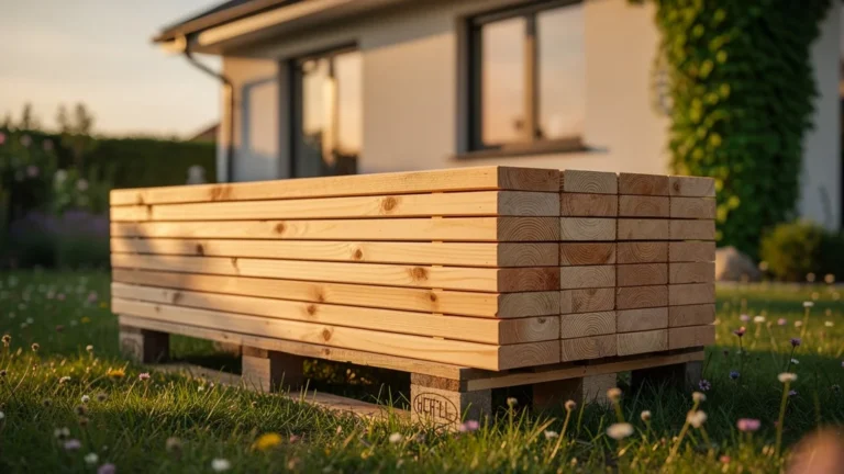 Lames de bois pour clôture empilées en extérieur dans un jardin ensoleillé, texture bois naturelle détaillée