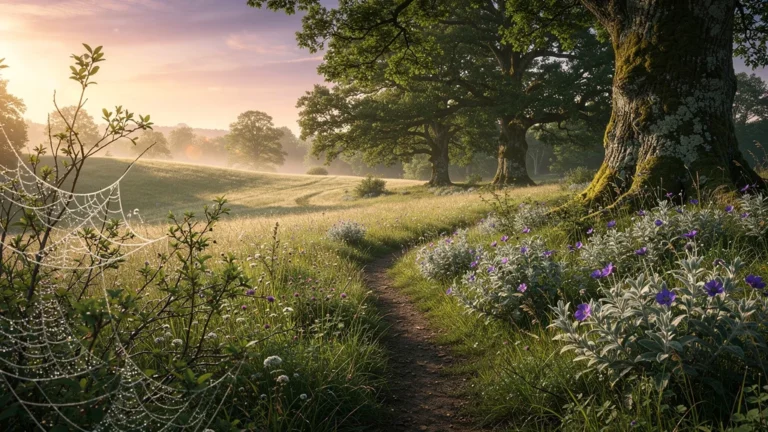 Paysage naturel hyperréaliste de Malvaux avec végétation luxuriante et lumière dorée au crépuscule