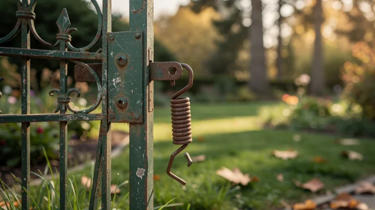 Ressort de rappel cassé sur un portillon de jardin usé, illustrant une défaillance en deux mois