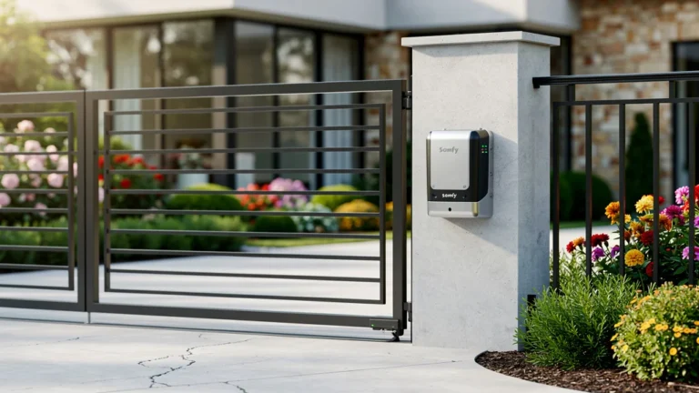 Moteur portail Somfy moderne installé sur un portail résidentiel en fer forgé, photo hyper-réaliste