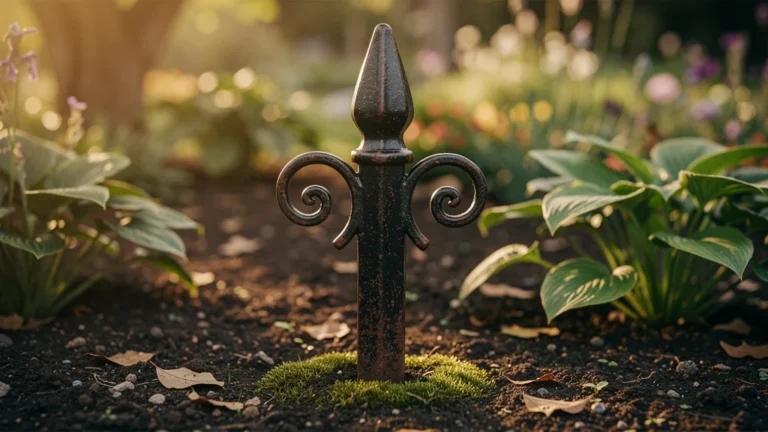 Piquet de clôture en fer ancien dans un jardin verdoyant au coucher du soleil, ultra-réaliste