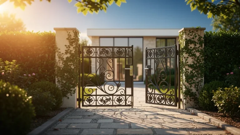 Portail avec portillon en fer forgé noir, entrée élégante d'une maison au jardin soigné au coucher de soleil