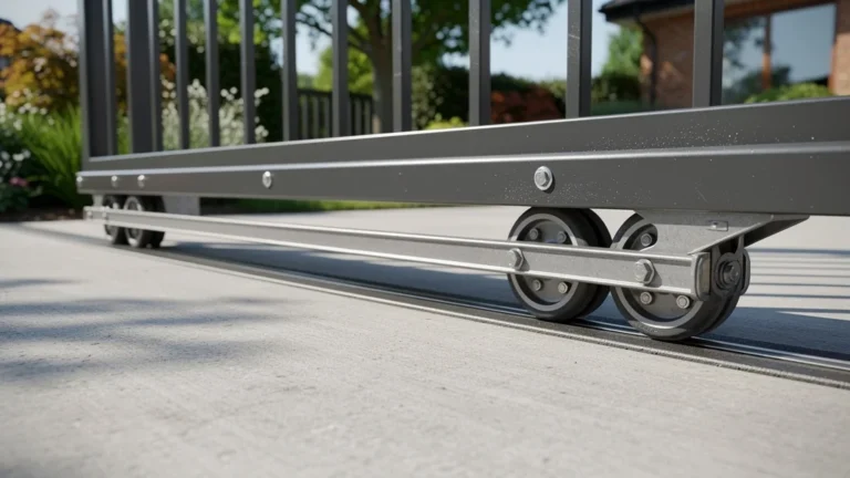 rail pour portail coulissant en métal intégré dans une allée en béton avec portail moderne