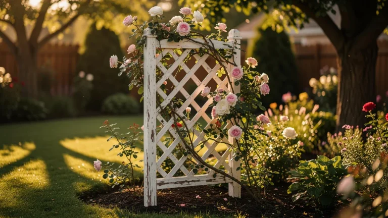 Image hyper-réaliste d’un jardin avec un treillis en bois blanc appelé sider, ambiance paisible au coucher du soleil