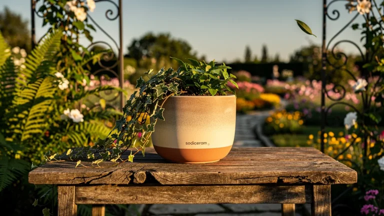 Planter en céramique sodiceram dans jardin moderne au coucher de soleil, ambiance naturelle et élégante