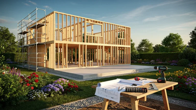 Chantier résidentiel moderne Trecobat en lumière dorée, construction maison et jardin, réalisme photoréaliste